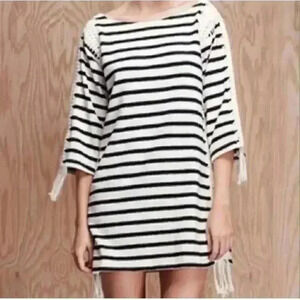 Pepin for Anthropologie Navy/Cream Striped Dress Heavy Knit Crochet Size M